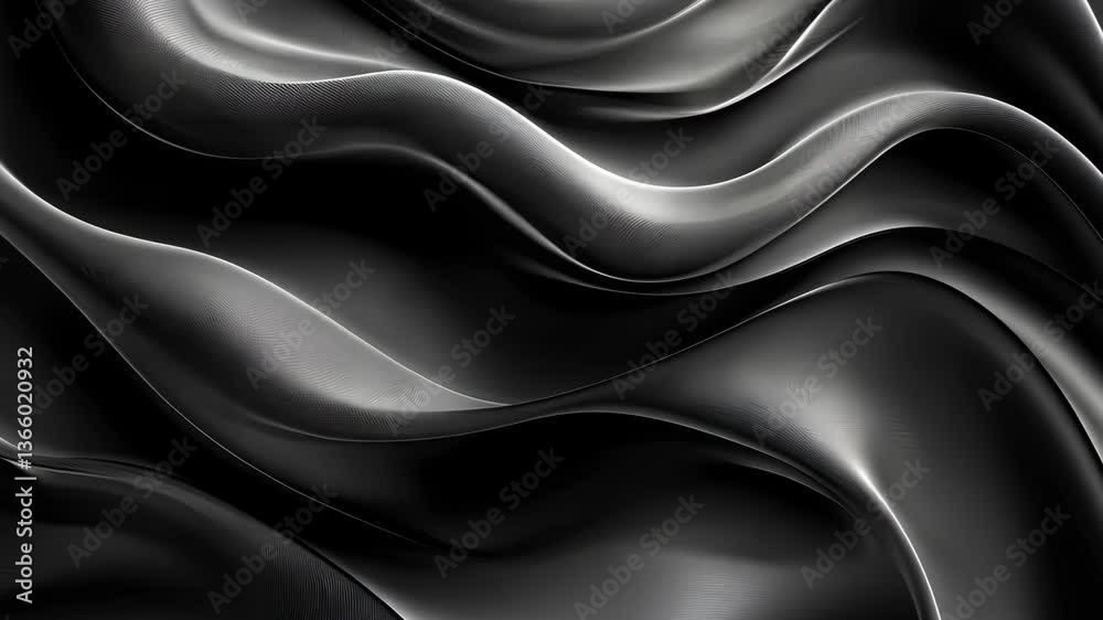 Elegant black waves with a silky smooth texture, forming fluid abstract curves and a luxurious monochrome aesthetic.
