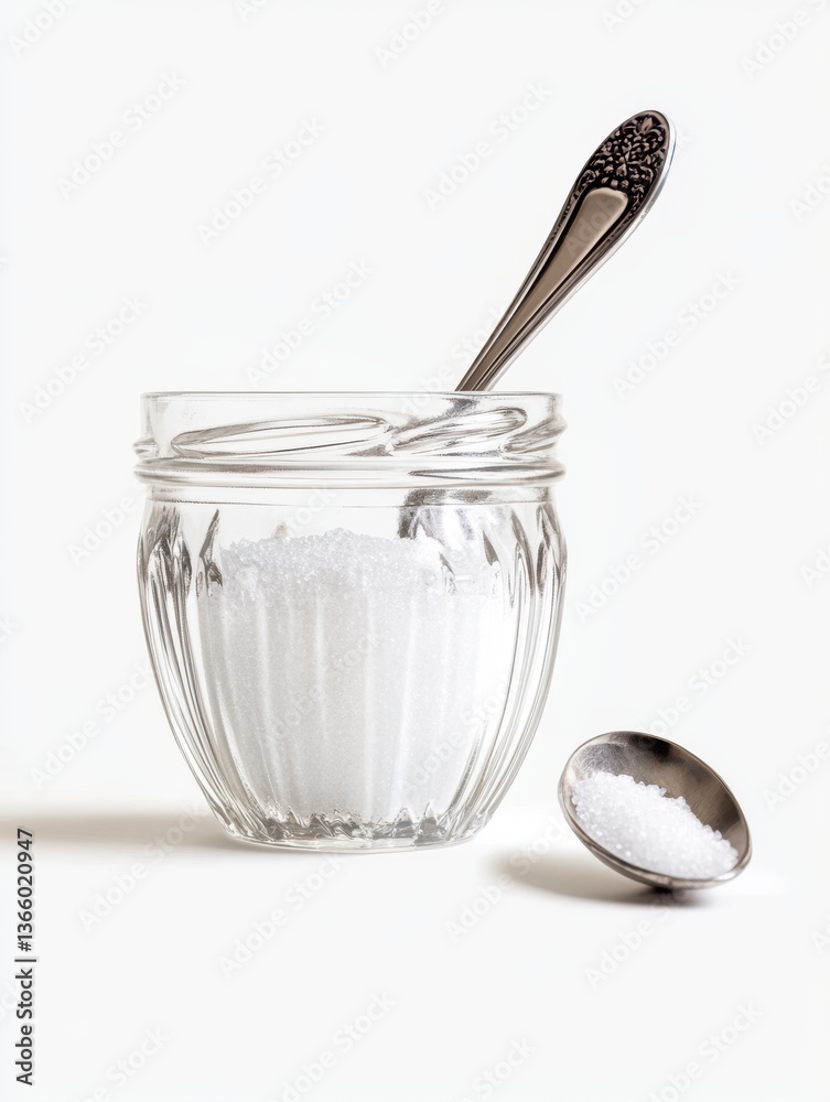 White Sugar in Glass Jar with Spoon on White Background White Sugar in Glass Jar with Spoon on White Background