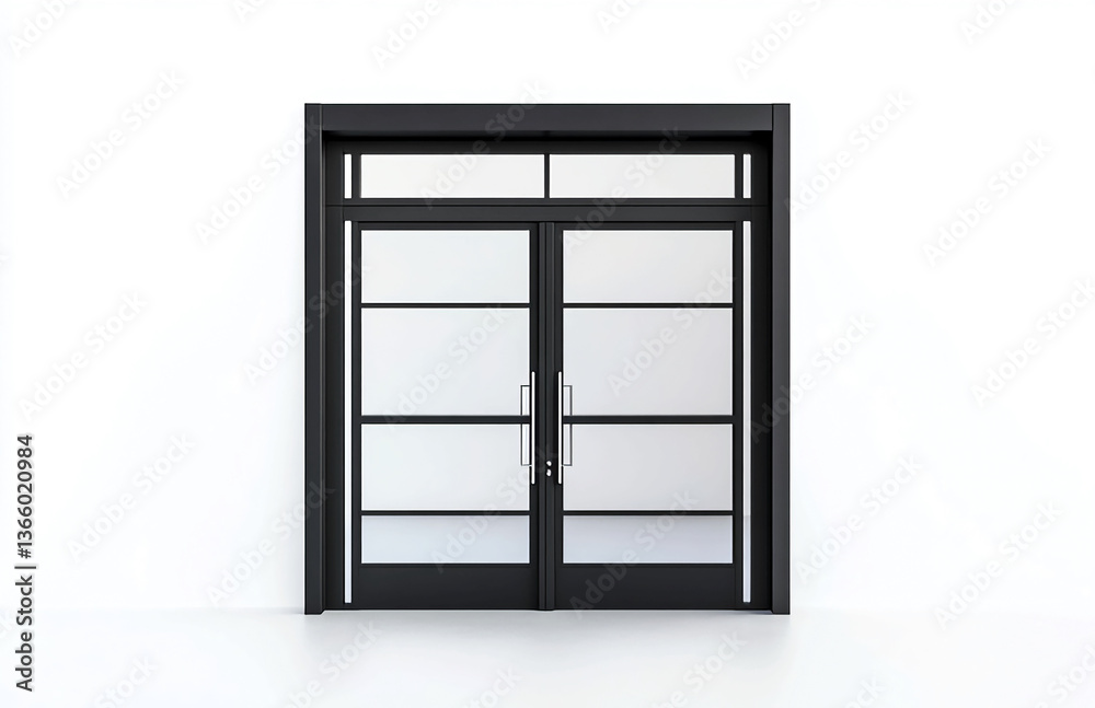 A modern black framed double door with frosted glass panels against a white background in studio shot A modern black framed double door with frosted glass panels against a white background in studio shot