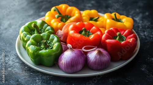 An assortment of colorful frozen bell peppers and onions artfully arranged on a white plate, emphasizing culinary creativity and freshness.