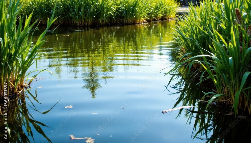 Serene Water Reflection A tranquil pond scene with lush green reeds framing the water, reflecting the sunlight and surrounding vegetation Serene Water Reflection A tranquil pond scene with lush green reeds framing the water, reflecting the sunlight and surrounding vegetation
