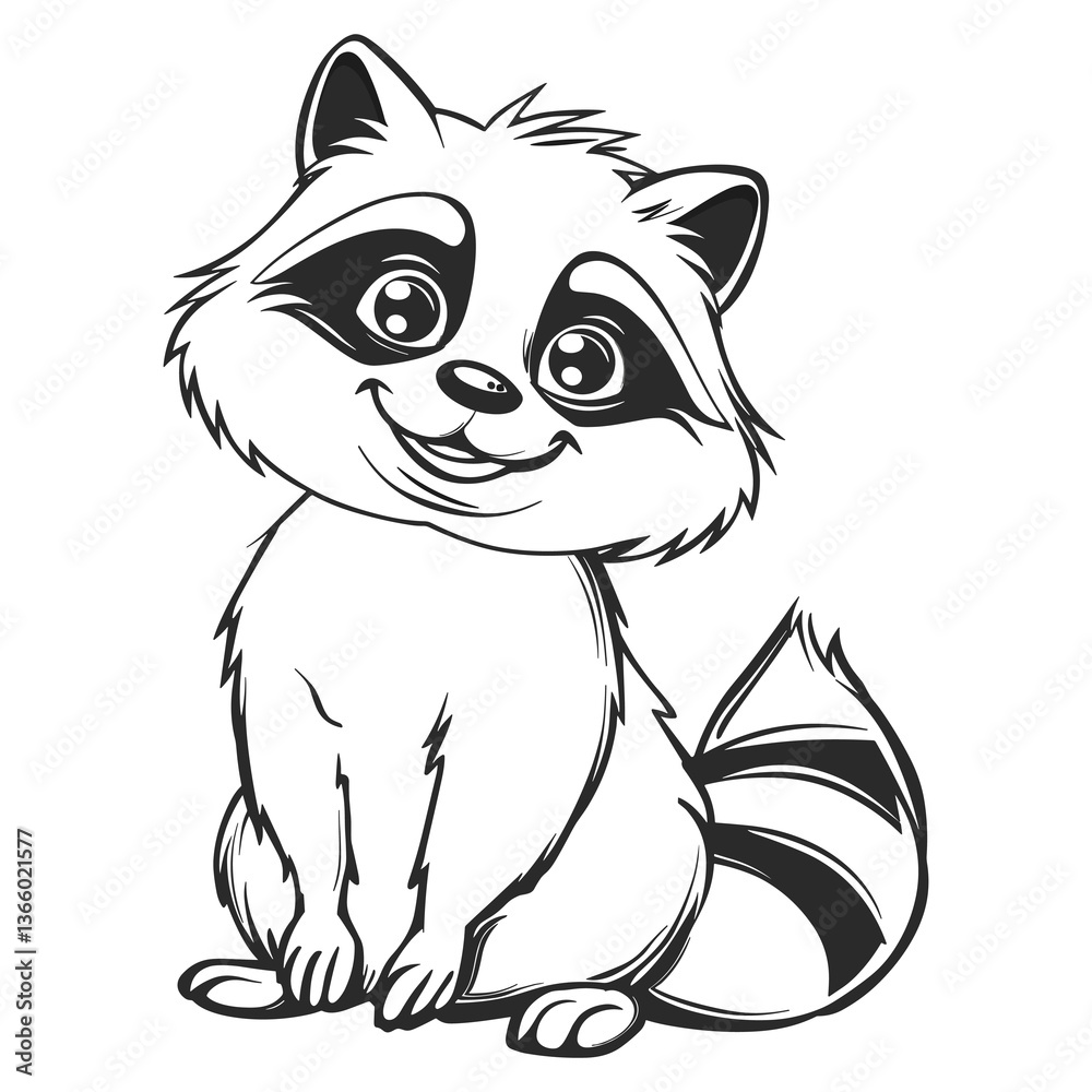 Obraz premium Adorable Cartoon Raccoon - Black and White Line Art Illustration