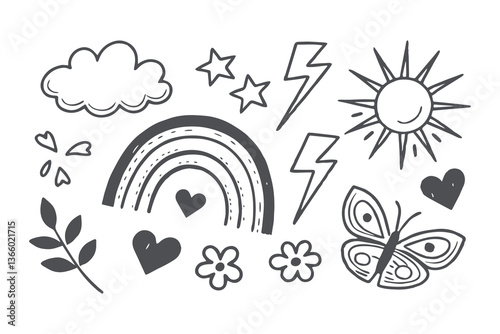 Hand-Drawn Crayon Doodle Set: Playful Hearts, Stars, Clouds, Rainbow, Lightning, Flowers, Arrows, Notes, Sun, Moon, Butterfly, and More in a Fun Childlike Artistic Style Vector Illustration
