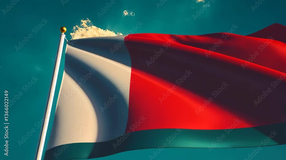 The Madagascar flag flutters in the wind with clear sunlight and a teal sky backdrop, symbolizing national pride.
