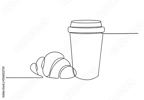 Minimalist continuous line drawing of coffee cup and croissant in black and white

