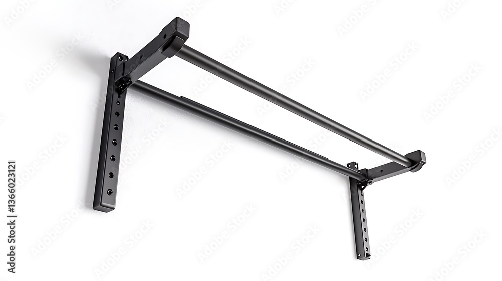 A black bar hangs on a wall with a white background A black bar hangs on a wall with a white background