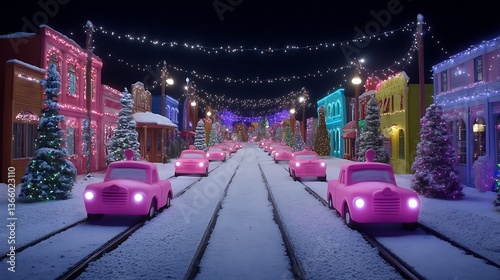 Fototapeta Naklejka Na Ścianę i Meble -  Festive street with pink cars and twinkling lights at nighttime
