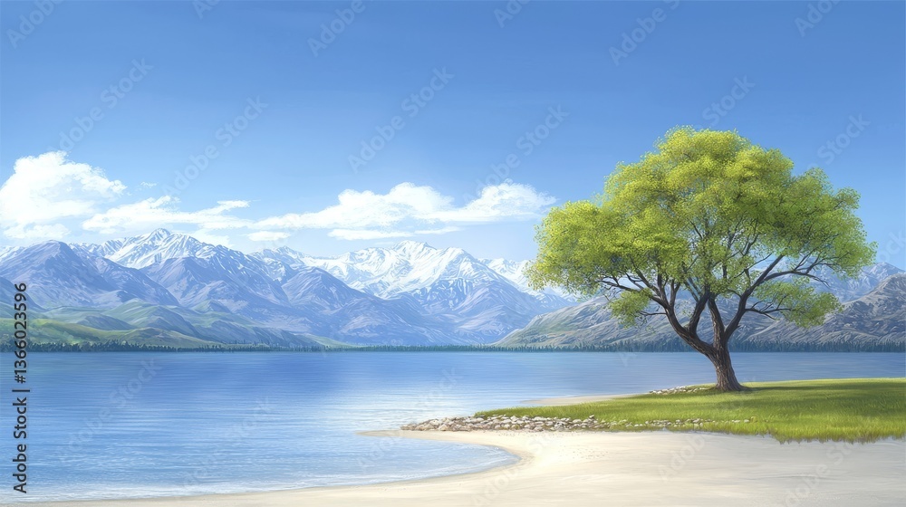 Majestic lone tree graces the sandy shores of a tranquil beach paradise serene Majestic lone tree graces the sandy shores of a tranquil beach paradise serene