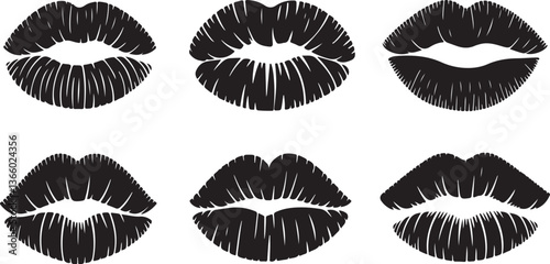 Black lipstick kiss mark vector set grunge style lip prints collection, makeup stamp silhouette, smooch illustration for romantic designs