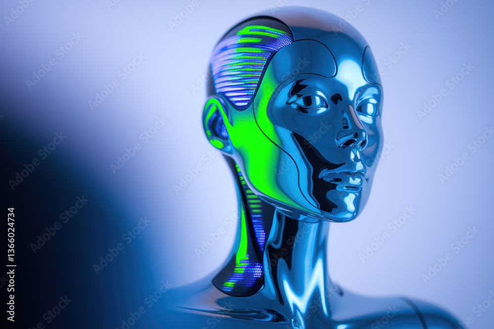 Futuristic Metallic Robot Head with Neon Accents in Cool Blue and Green Tones Futuristic Metallic Robot Head with Neon Accents in Cool Blue and Green Tones
