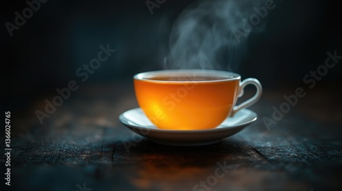 A delicate cup of porcelain filled with herbal tea, golden and steaming, gently rising against a moody dark background, evoking comfort and warmth.