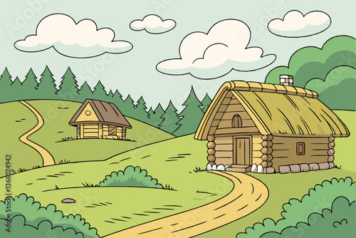 85 Cartoon village, thatched roof huts, lush green meadows, rolling hills, puffy white clouds, vibrant colors, picturesque landscape, winding dirt path, idyllic countryside, stylized 3D rendering, woo