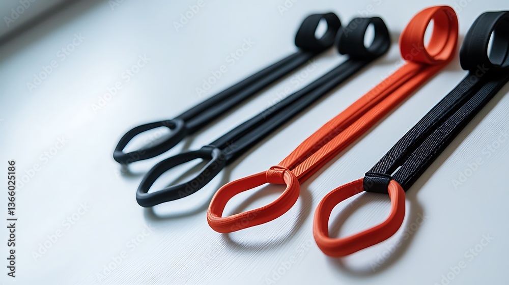 Four different colored rubber bands are displayed on a white background Four different colored rubber bands are displayed on a white background