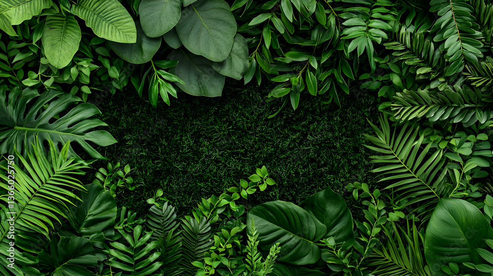 Fototapeta premium Variety Of Lush Tropical Plants On Wall