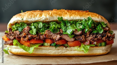 A close-up detailed of a Mexican torta featuring carne asada, lettuce, and tomatoes, presented against a clean white background, creating an inviting visual with room for copy.