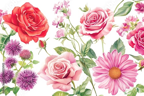 Watercolor Botanical Illustration – Roses, Echinacea & Gerbera Floral Art