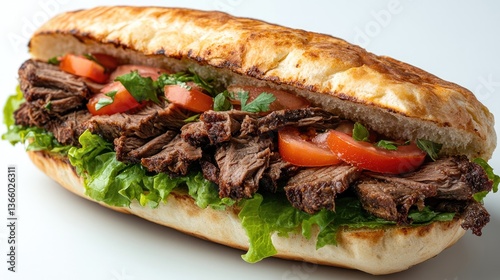 A close-up detailed of a torta Mexican featuring carne asada, lettuce, and tomatoes, presented against a clean white background, creating an inviting visual with room for copy.
