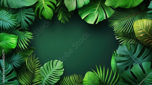 Lush Green Jungle Leaves Frame with Dark Emerald Background and Copyspace for Text or Product Placement