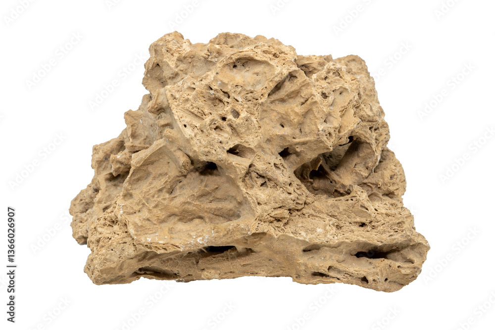 Obraz premium Close-up of Limestone tuff mineral, isolated on white background 