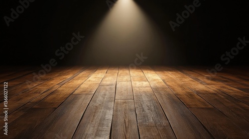 Obraz na płótnie Spotlight on Hardwood: Warm Wood Floor Illuminated by a Single Beam w salonie