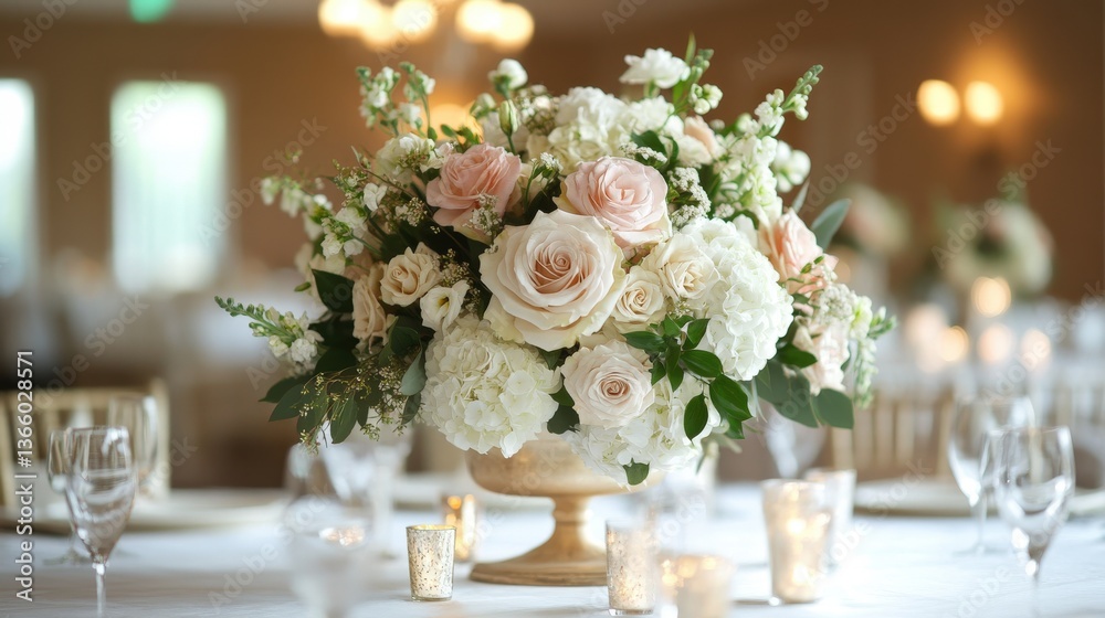 Obraz premium A floral centerpiece composed of roses and other flowers on table