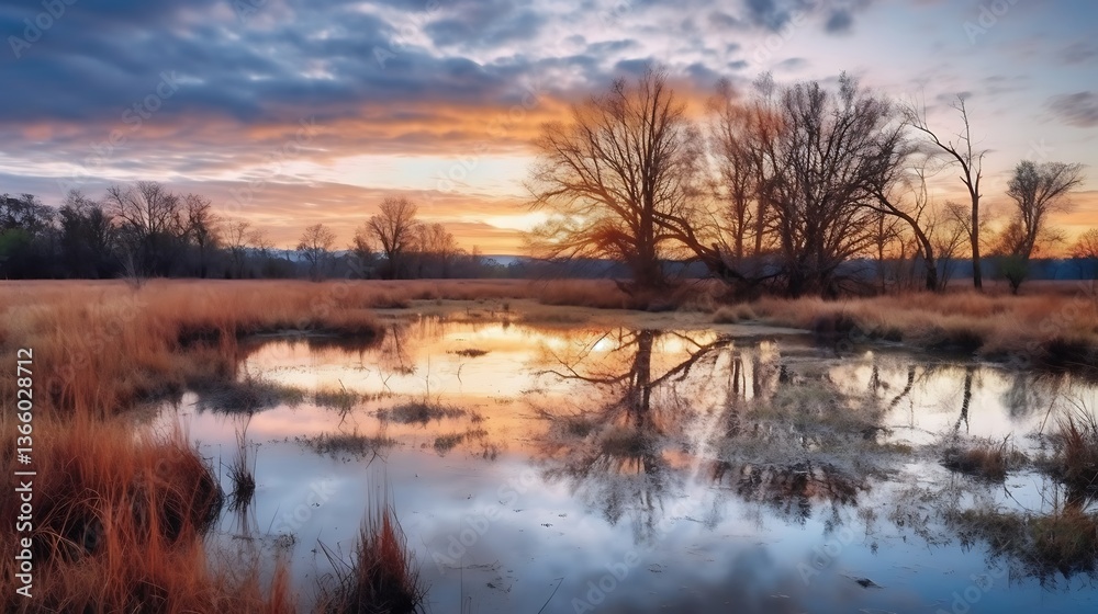 Fototapeta premium Serene Sunset Over Wetland Reflecting Trees