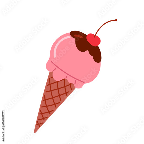 Delicious pink ice cream cone topped with chocolate and a cherry for summer enjoyment