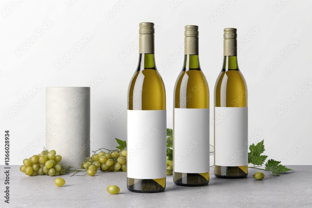 Obraz premium White Wine Bottles Displayed With Grapes and Vase Generative AI