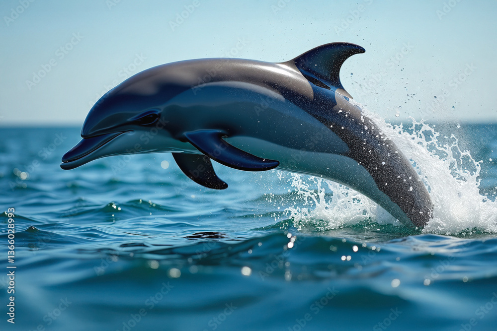 Fototapeta premium A dolphin leaps joyfully from the sparkling ocean surface on a sunny day, capturing energy and freedom. Generative AI