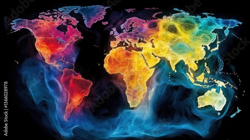 World Map - Abstract Colorful Rendering. Conceptual Energy Flow Depiction.