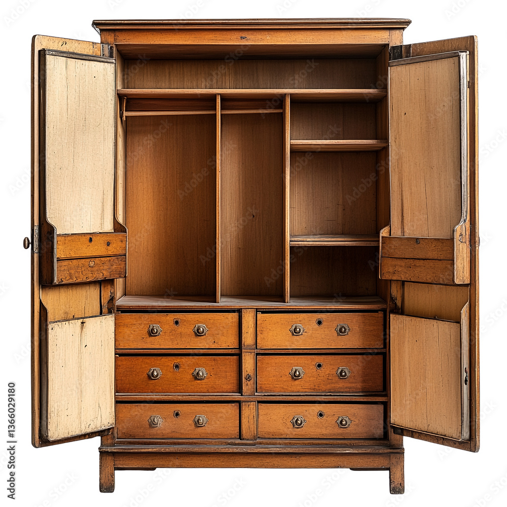 an open antique wooden armoire with shelves and drawers. an open antique wooden armoire with shelves and drawers.
