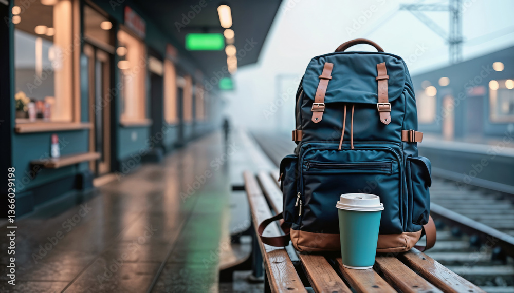 Obraz premium Travel essentials: backpack and coffee to go rest on a station bench on a misty morning or evening. Atmospheric scene of waiting, commute, or journey