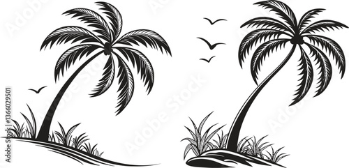 Tropical Oasis: A serene illustration of two palm trees swaying gently with a backdrop of birds. Evoking a sense of tropical paradise, tranquility and relaxation.