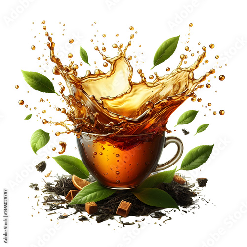 Splash of tea in the falling cup isolated on white isolated on white background