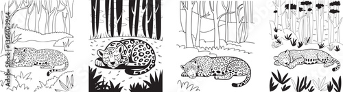 Illustration of sleeping leopards in jungle forest, hand-drawn wild cat nature scenes, stylized animal jungle art set