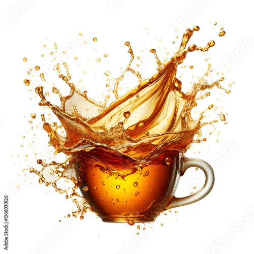Splash of tea in the falling cup isolated on white isolated on white background