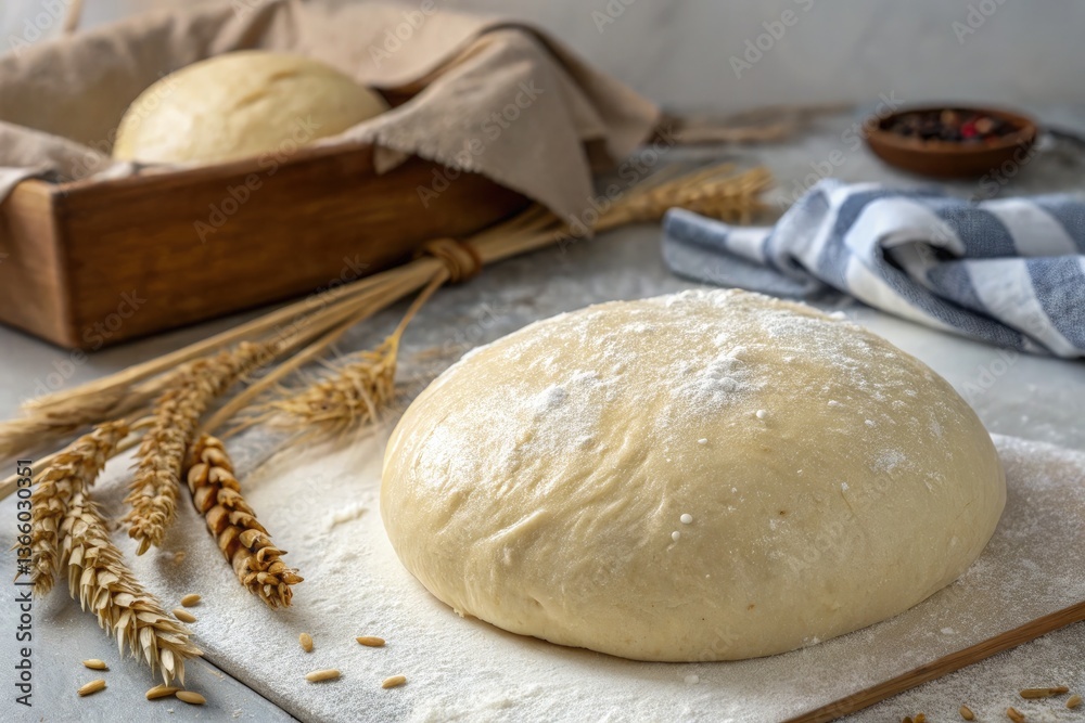 Dough Resting on a Wooden Board With Wheat and Linen Generative AI Dough Resting on a Wooden Board With Wheat and Linen Generative AI