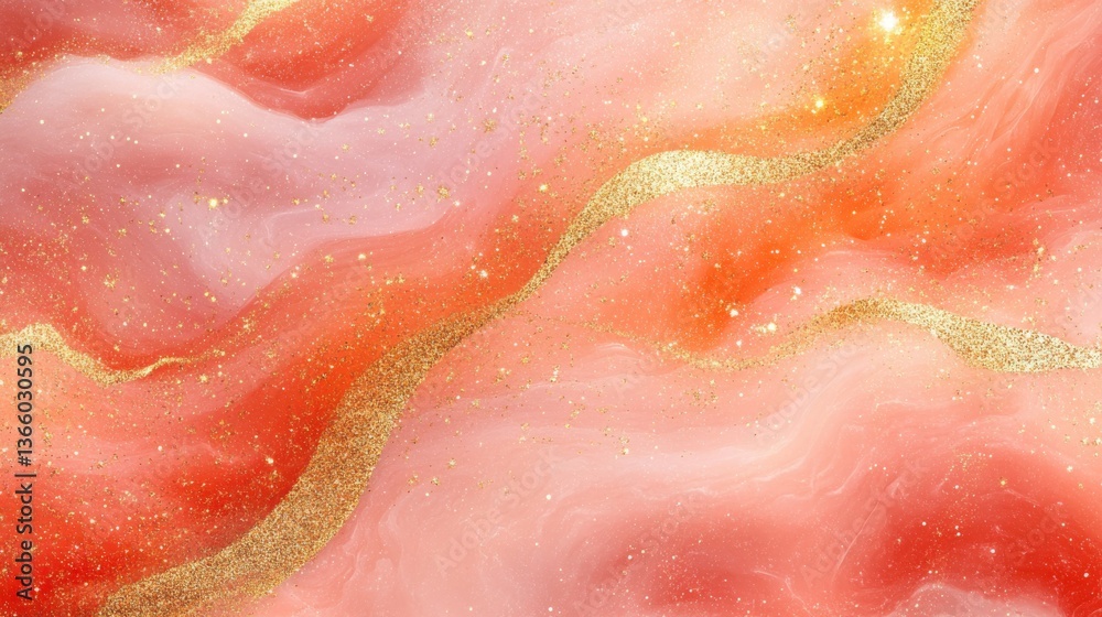 Coral Swirls of Luxury: Elegant Abstract Texture with Gold Glitter Accents, Perfect for Digital Backgrounds