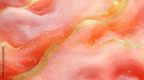 Obraz na płótnie Coral Swirls of Luxury: Elegant Abstract Texture with Gold Glitter Accents, Perfect for Digital Backgrounds w salonie
