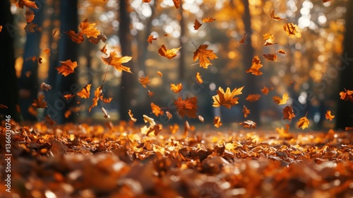 Autumn leaves falling in a park. Colorful maple leaves are falling from trees in the autumn season. 