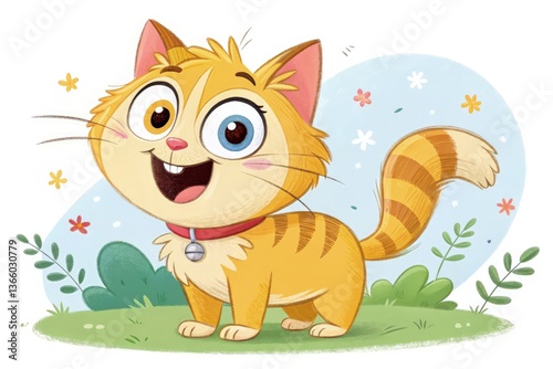 Happy Cartoon Cat Smiling in a Colorful Garden Setting Generative AI