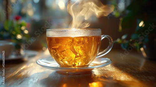 An inviting atmosphere is created by a freshly poured cup of golden herbal tea with gently rising steam.