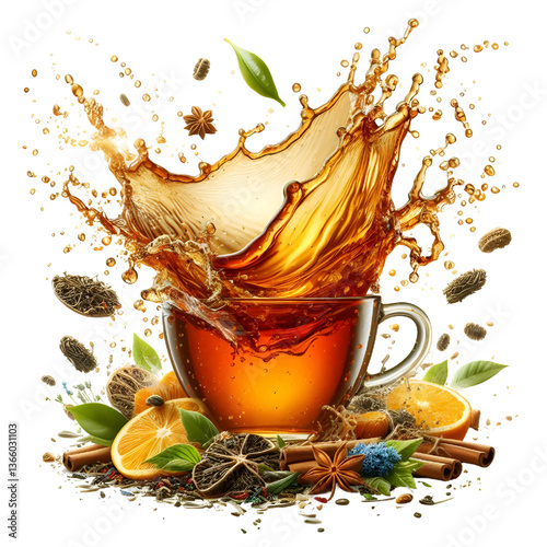 Splash of tea in the falling cup isolated on white isolated on white background