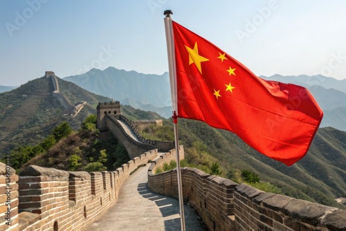 Chinese Flag Waving on the Great Wall of China With Mountains Generative AI