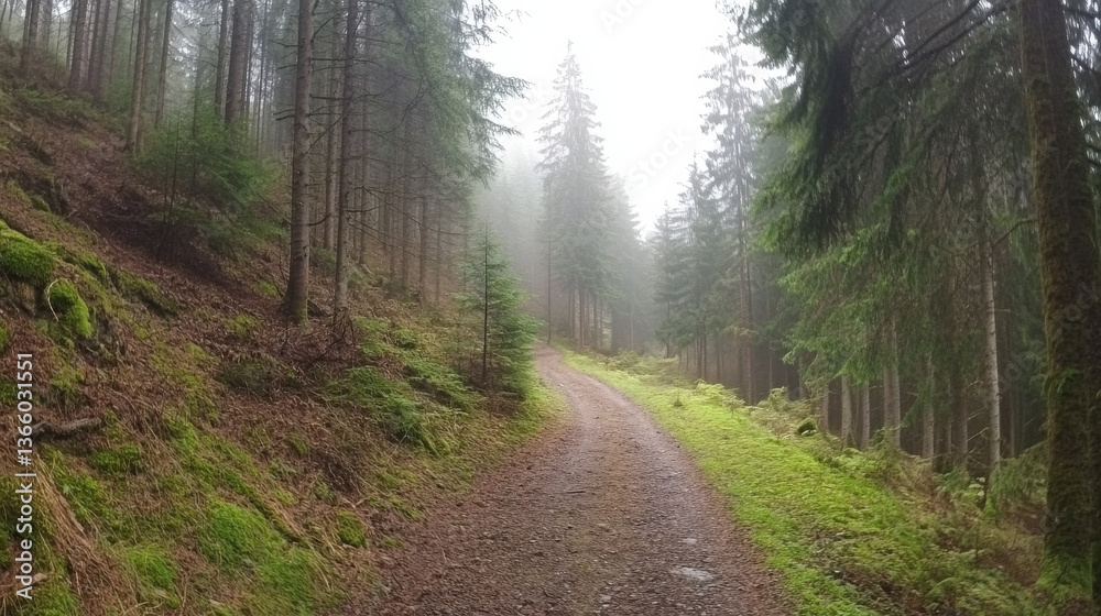 Fototapeta premium A tranquil, mist-covered forest path lined with tall trees and lush greenery, inviting exploration.