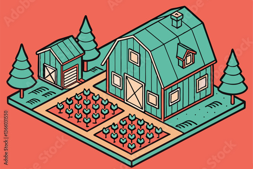 86 Miniature farm diorama, isometric view, colorful geometric shapes, wooden toy blocks, vibrant red background, teal roofs, tiny crop rows, miniature trees, playful agricultural scene, saturated colo