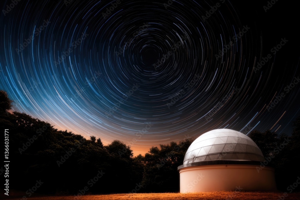 Obraz premium Star trails create mesmerizing patterns around observatory dome