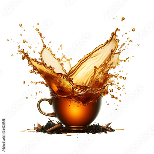Splash of tea in the falling cup isolated on white isolated on white background