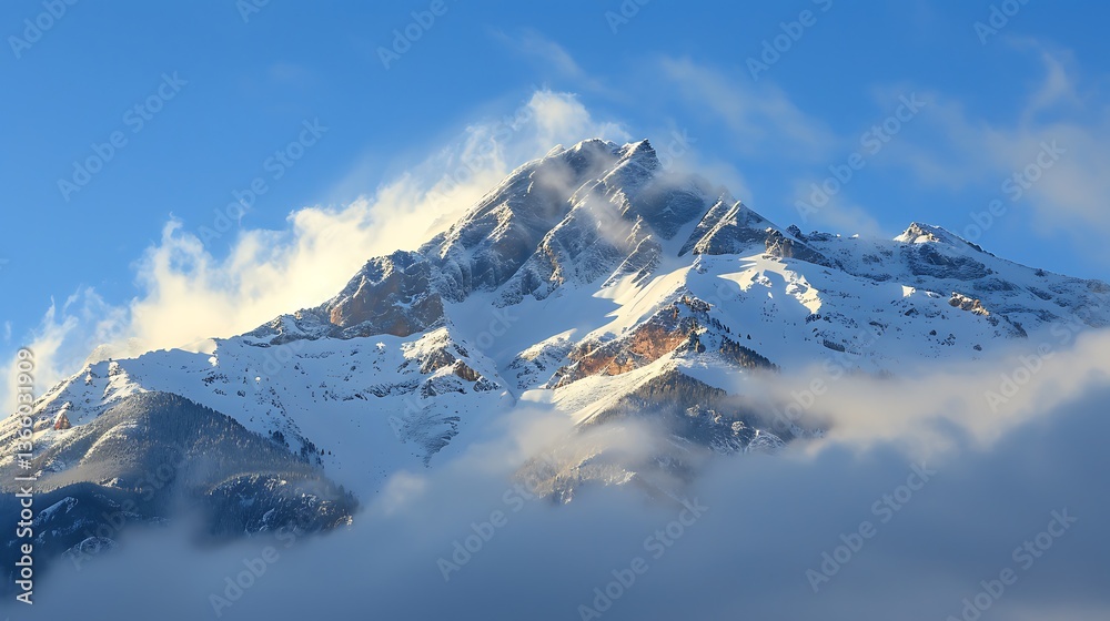Fototapeta premium A majestic mountain peak covered in snow, standing tall above the clouds