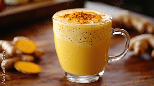 A golden frothy yellow herbal latte, artfully arranged with a dusting of turmeric on top for visual appeal.